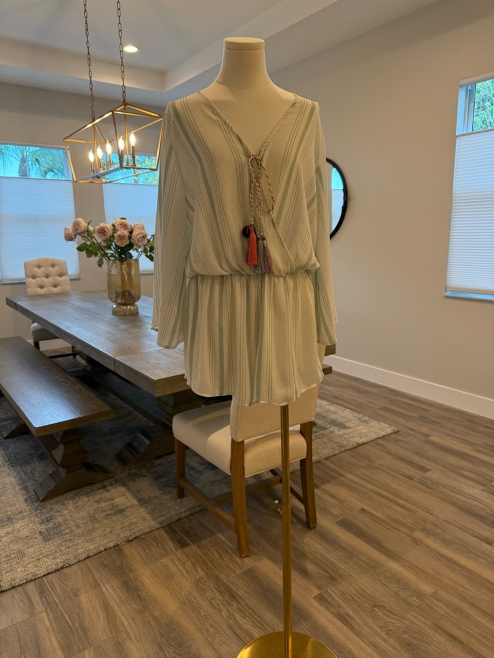 Surf Gypsy Cream and Light Green Striped Romper with Tassel Tie